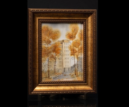 Панно из серии "Мой город". Батик с ручной вышивкой; упаковка: коробка ручной работы из дизайнерского картона